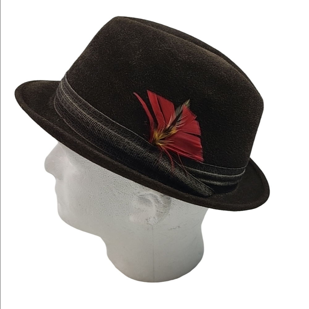 Vintage Brown Stetson Fedora Mens Dress Hat With Red Feather Dandy Size 7 1/4